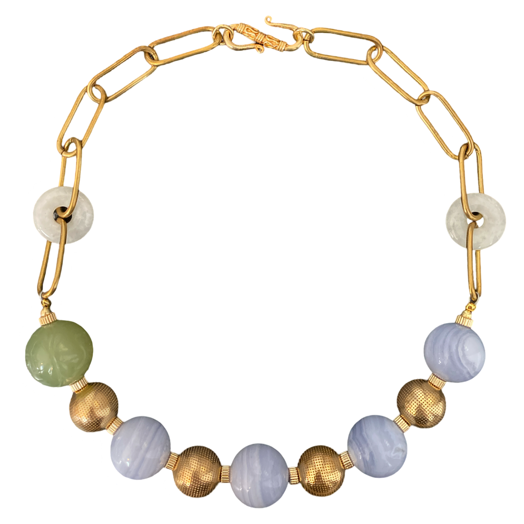 Blue Lace Agate + Jade Necklace