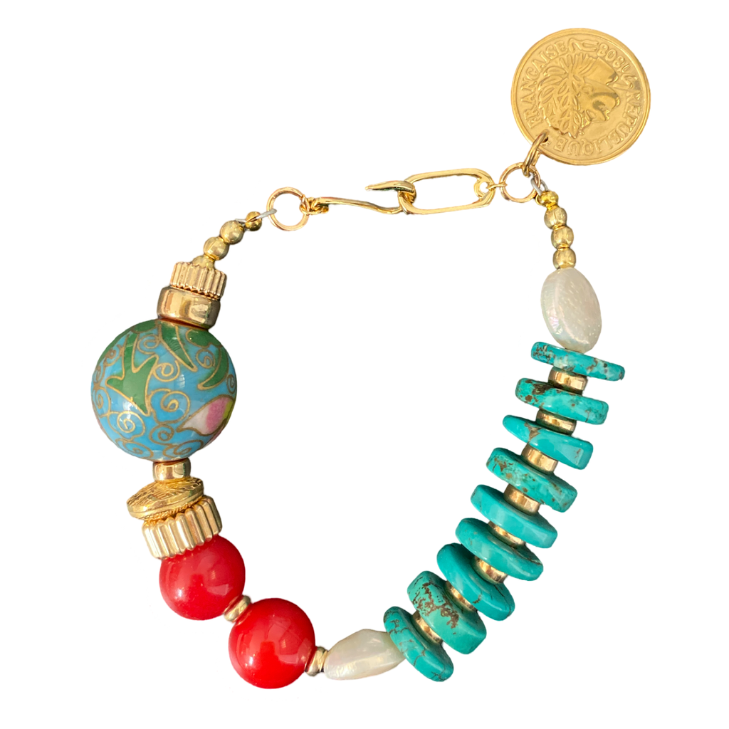 Turquoise Red Cloisonné Coin Bracelet