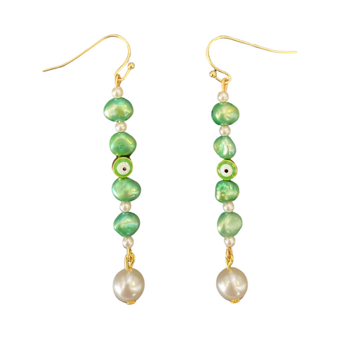 Evil Eye green pearl earrings