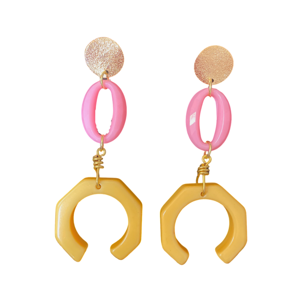 Pink and yellow crescent earrings
